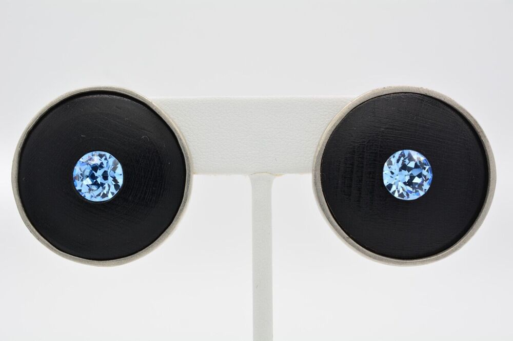 Robin Kahn Vintage Clip On Earrings Blue Crystal Silver Black Chunky Signed 9L